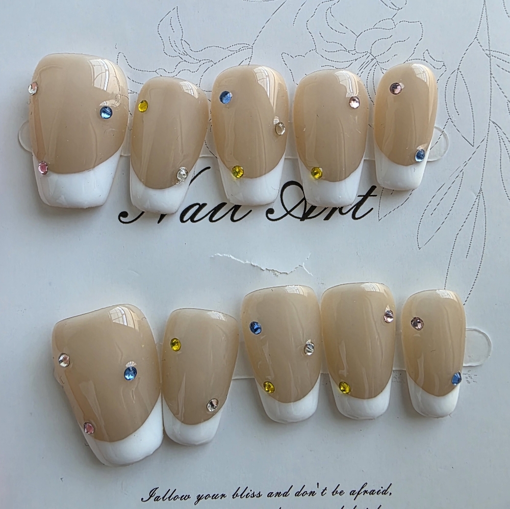 Elegant Tan and White Press-On Nails with Rhinestones